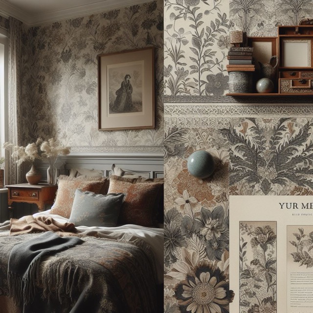 Solving a home decor dilemma with a mood board featuring a primary bedroom in an english heritage interior design style with mid tone blues and rusts.